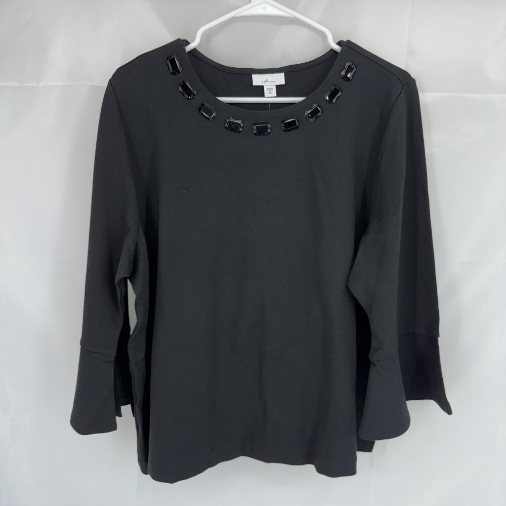J Jill Women XLP Blouse Rhinestone Neckline Flare 3/4 Sleeve Round Neck Shirt
